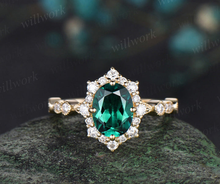 Oval cut emerald engagement ring 14k yellow gold Milgrain half eternity snowdrift halo diamond wedding promise ring women jewelry