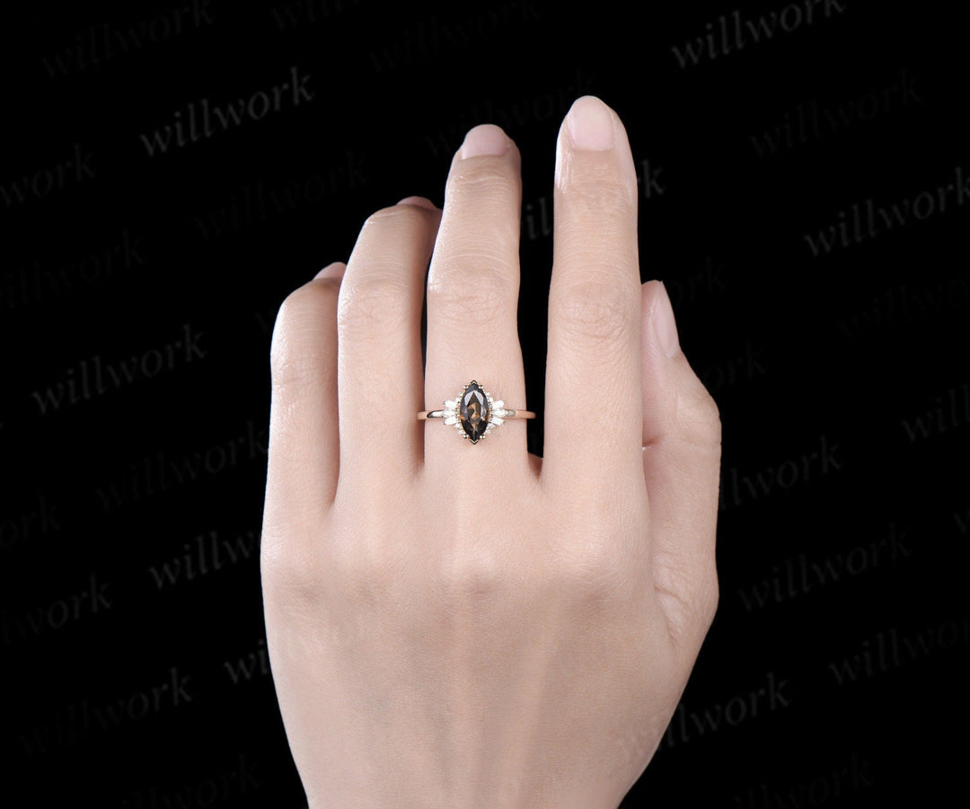 Marquise cut smoky quartz engagement ring solid 14k yellow gold cluster Baguette cut moissanite wedding anniversary ring women gift