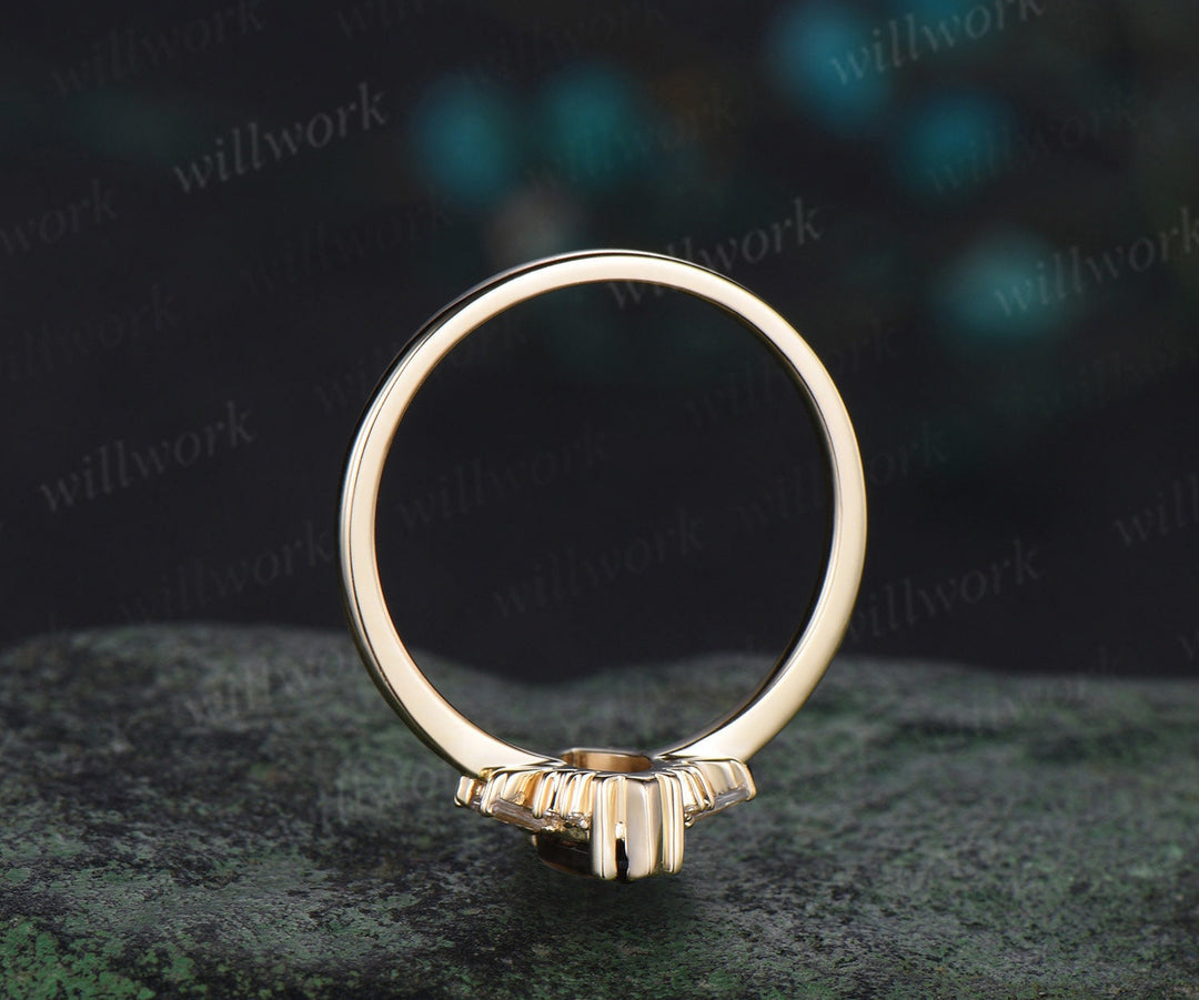 Marquise cut smoky quartz engagement ring solid 14k yellow gold cluster Baguette cut moissanite wedding anniversary ring women gift