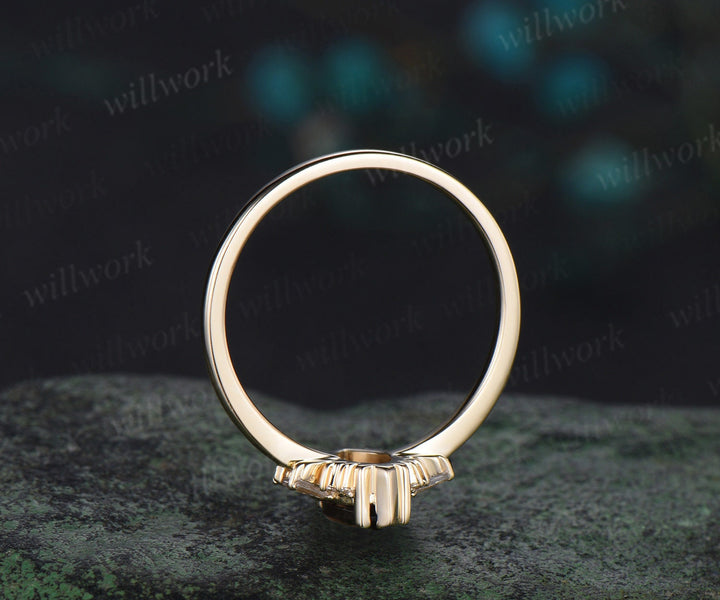 Marquise cut smoky quartz engagement ring solid 14k yellow gold cluster Baguette cut moissanite wedding anniversary ring women gift