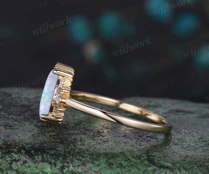 Marquise white opal engagement ring solid 14k yellow gold cluster Baguette cut moissanite wedding anniversary ring women gift