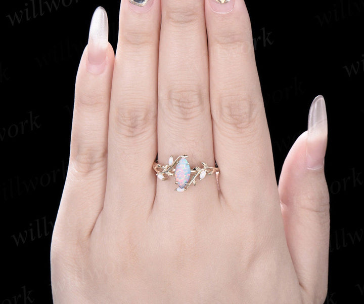 Vintage marquise white opal engagement ring solid 14k yellow gold leaf nature inspired five stone anniversary wedding ring women jewelry