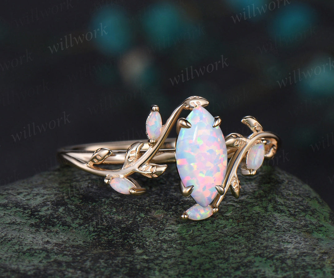 Vintage marquise white opal engagement ring solid 14k yellow gold leaf nature inspired five stone anniversary wedding ring women jewelry