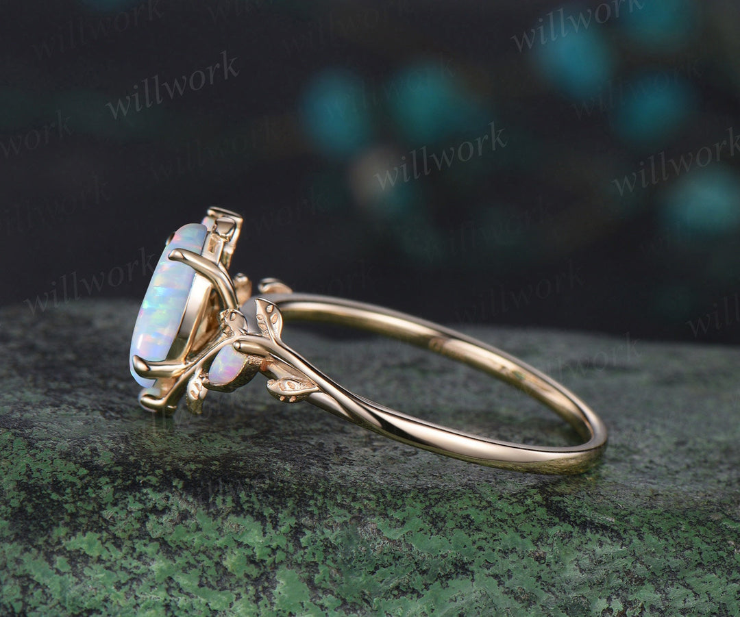 Vintage marquise white opal engagement ring solid 14k yellow gold leaf nature inspired five stone anniversary wedding ring women jewelry