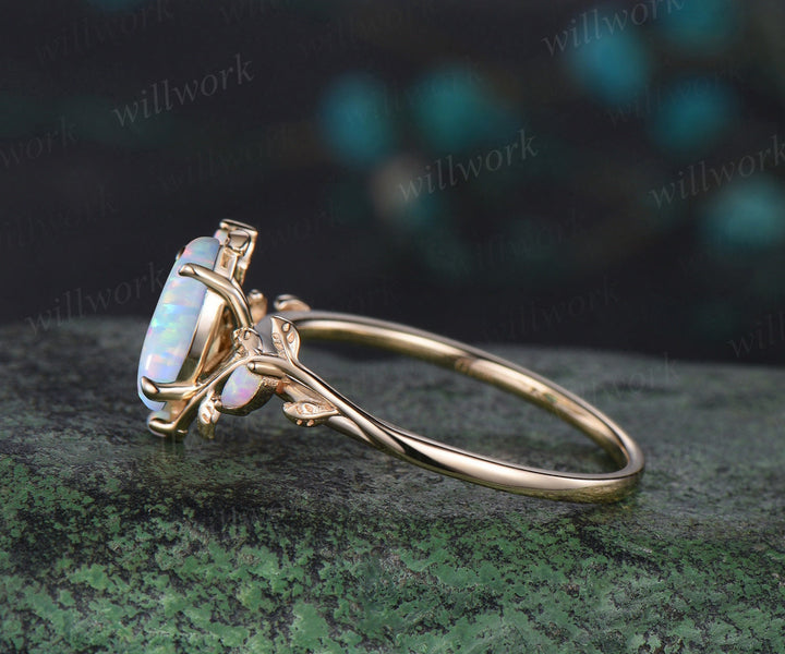 Vintage marquise white opal engagement ring solid 14k yellow gold leaf nature inspired five stone anniversary wedding ring women jewelry