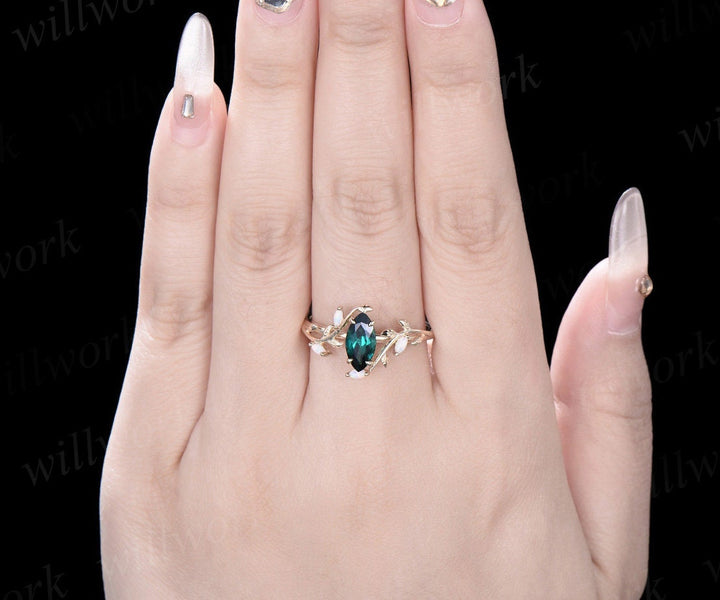 Vintage marquise cut green emerald engagement ring solid 14k yellow gold leaf nature inspired five stone anniversary wedding ring women