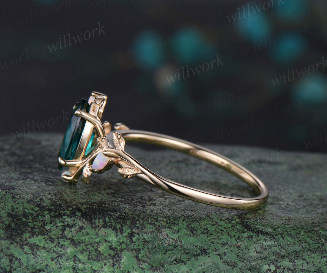 Vintage marquise cut green emerald engagement ring solid 14k yellow gold leaf nature inspired five stone anniversary wedding ring women