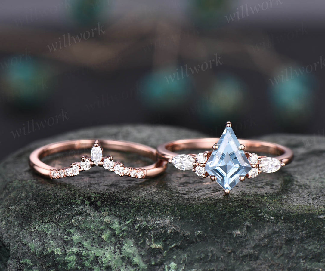 Kite cut natural aquamarine engagement ring set 14k white gold marquise cut diamond ring women unique bridal wedding ring set jewelry