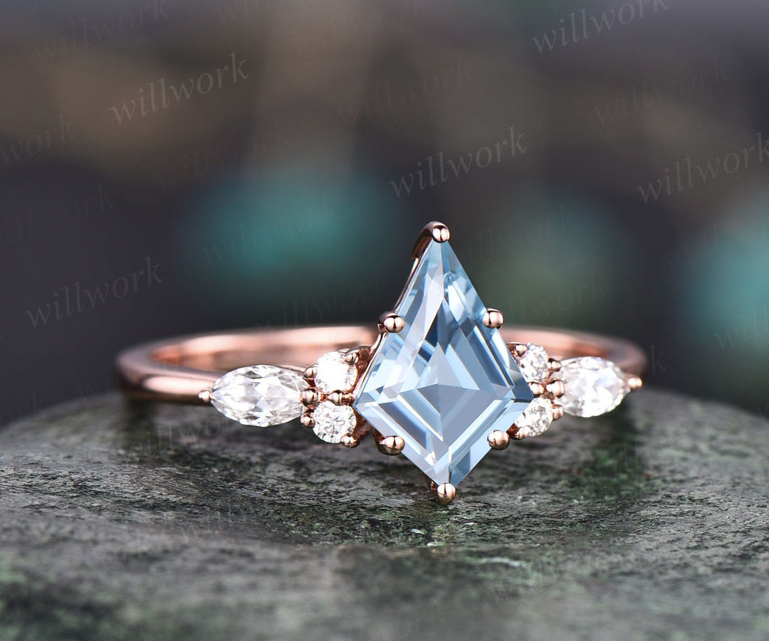 Kite cut natural aquamarine engagement ring set 14k white gold marquise cut diamond ring women unique bridal wedding ring set jewelry