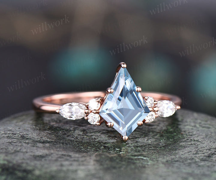 Kite cut natural aquamarine engagement ring set 14k white gold marquise cut diamond ring women unique bridal wedding ring set jewelry