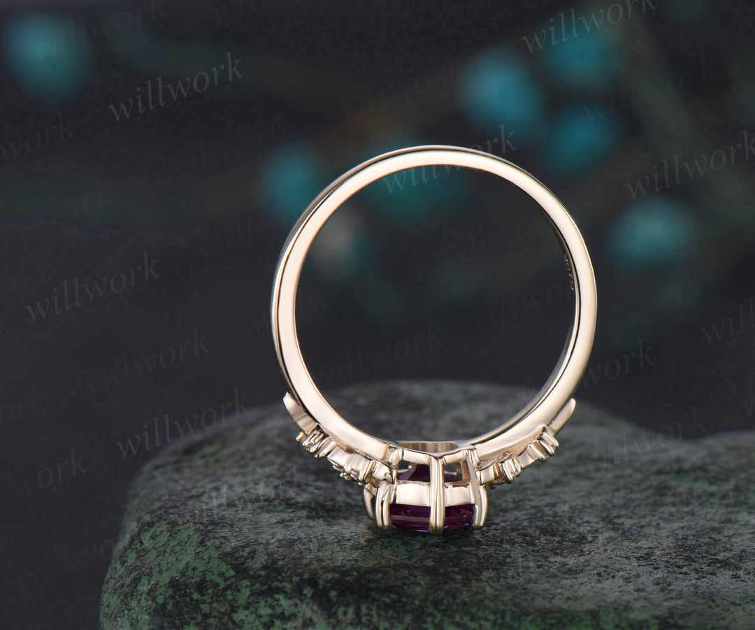 Hexagon cut Padparadscha sapphire engagement ring 14K yellow gold leaf floral antique unique cluster diamond bridal wedding ring women gift