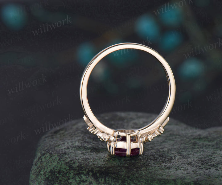 Hexagon cut Padparadscha sapphire engagement ring 14K yellow gold leaf floral antique unique cluster diamond bridal wedding ring women gift