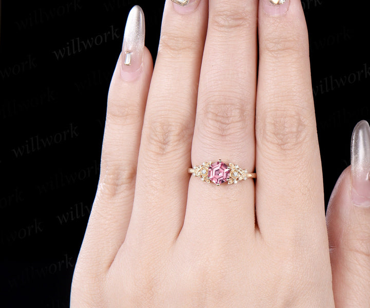 Hexagon cut Padparadscha sapphire engagement ring 14K yellow gold leaf floral antique unique cluster diamond bridal wedding ring women gift
