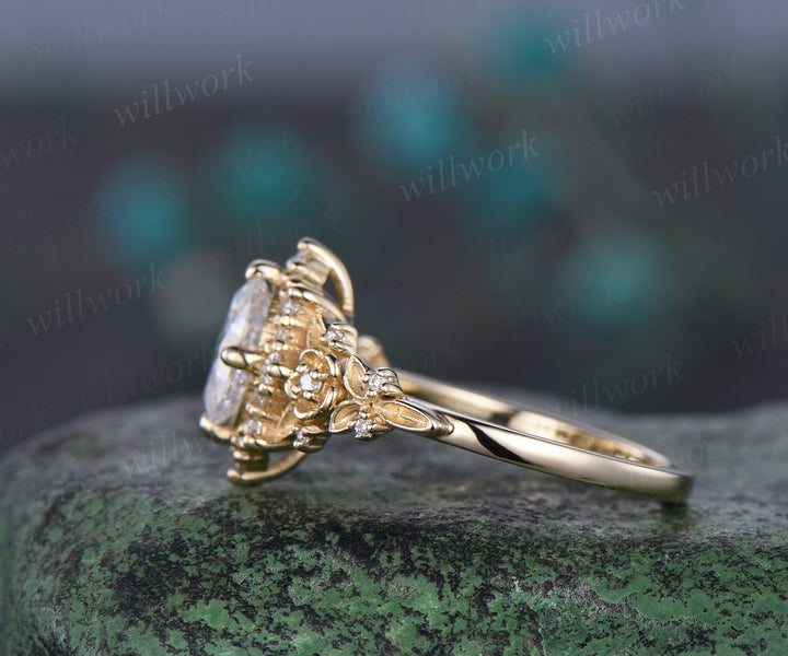 Vintage oval cut IGI Lab grown diamond engagement ring solid 14k yellow gold snowdrift halo diamond unique promise wedding ring women jewelry