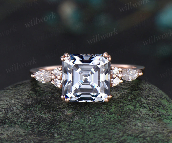 Asscher cut gray moissanite engagement ring 14k rose gold 8 prong stacking Baguette cut moissanite promise wedding ring set women