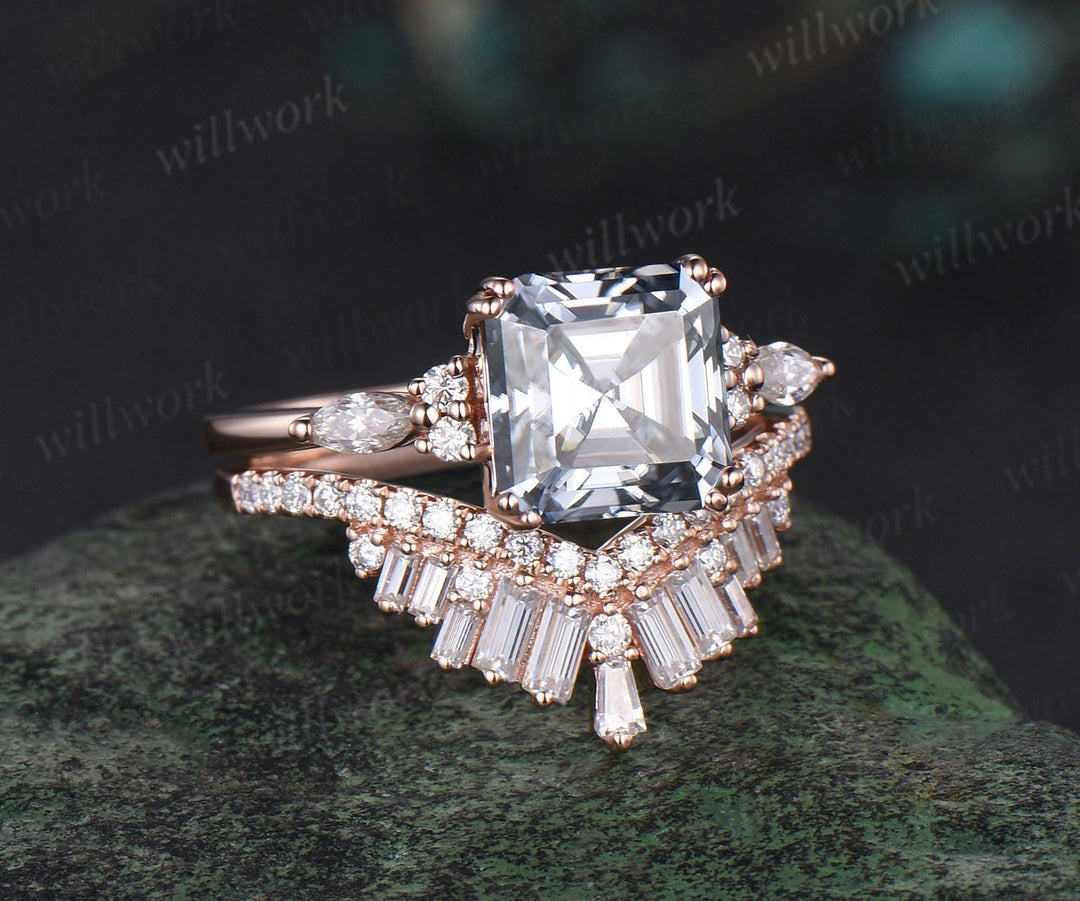 Asscher cut gray moissanite engagement ring 14k rose gold 8 prong stacking Baguette cut moissanite promise wedding ring set women
