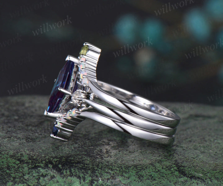 Princess cut Alexandrite engagement ring white gold opal moonstone sapphire garnet peridot bridal wedding ring set women gift jewelry