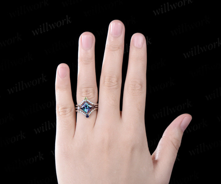 Princess cut Alexandrite engagement ring white gold opal moonstone sapphire garnet peridot bridal wedding ring set women gift jewelry