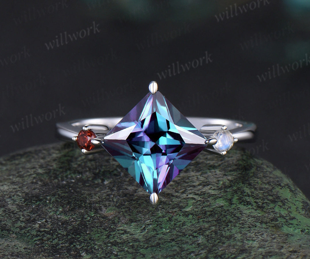Princess cut Alexandrite engagement ring white gold opal moonstone sapphire garnet peridot bridal wedding ring set women gift jewelry
