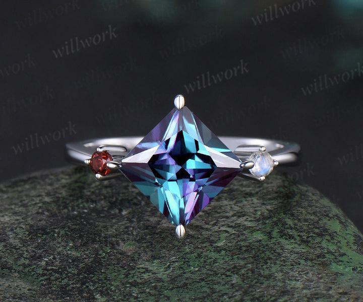 Princess cut Alexandrite engagement ring white gold opal moonstone sapphire garnet peridot bridal wedding ring set women gift jewelry