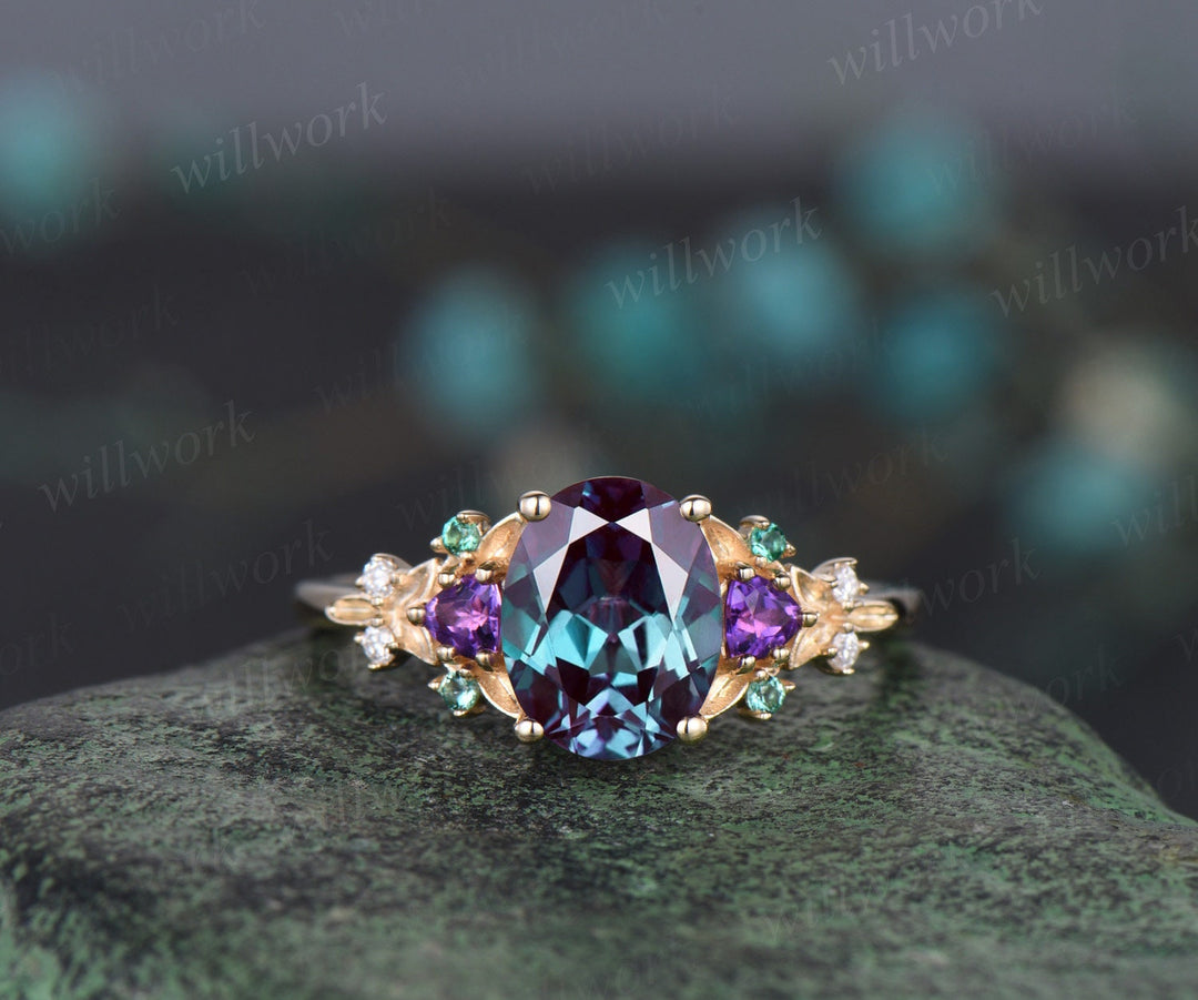 Oval cut Alexandrite engagement ring solid 14k yellow gold vintage leaf cluster emerald Trilliant amethyst anniversary ring women