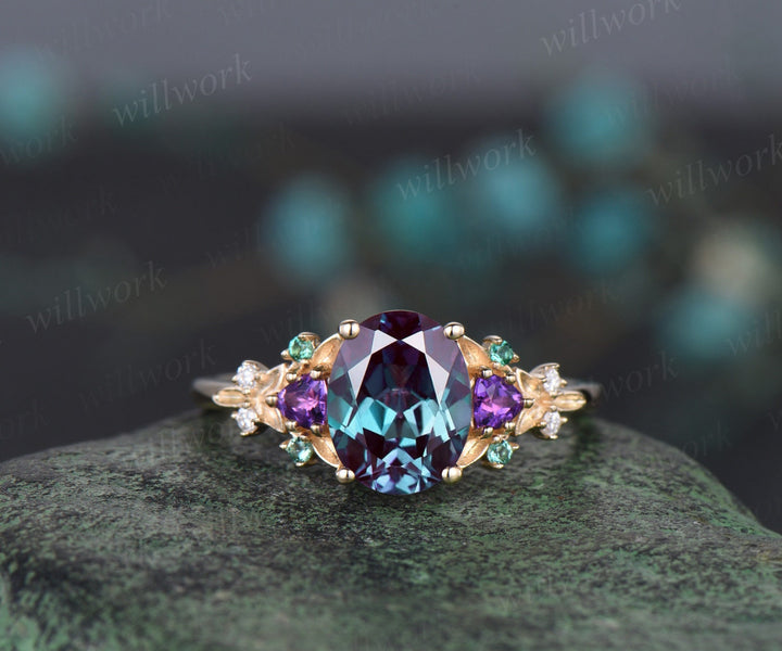 Oval cut Alexandrite engagement ring solid 14k yellow gold vintage leaf cluster emerald Trilliant amethyst anniversary ring women