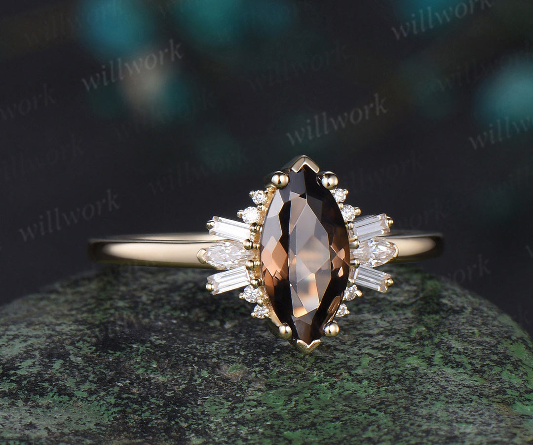 Marquise cut smoky quartz engagement ring solid 14k yellow gold cluster Baguette cut moissanite wedding anniversary ring women gift