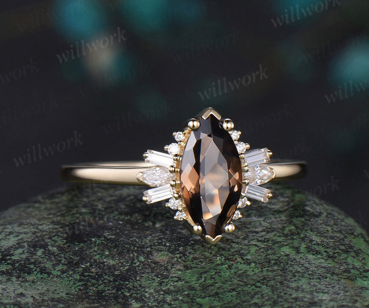 Marquise cut smoky quartz engagement ring solid 14k yellow gold cluster Baguette cut moissanite wedding anniversary ring women gift
