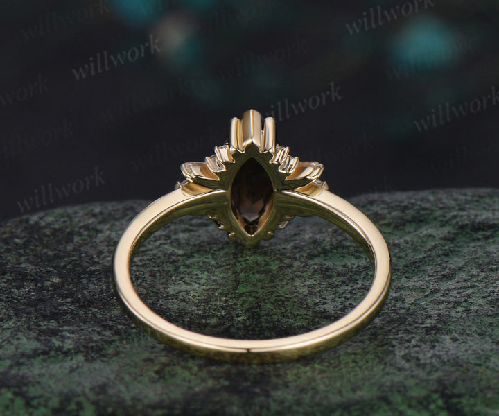 Marquise cut smoky quartz engagement ring solid 14k yellow gold cluster Baguette cut moissanite wedding anniversary ring women gift