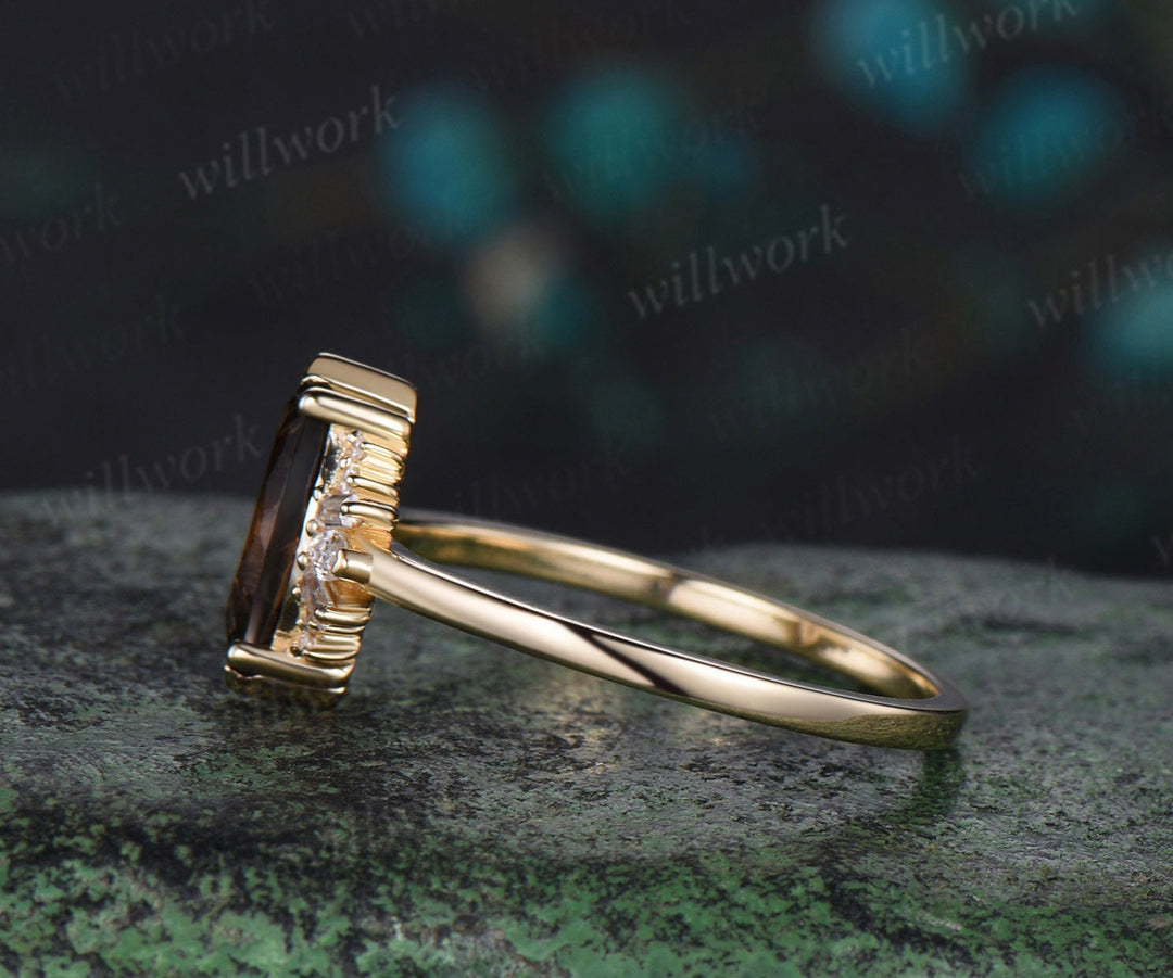 Marquise cut smoky quartz engagement ring solid 14k yellow gold cluster Baguette cut moissanite wedding anniversary ring women gift