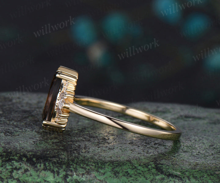 Marquise cut smoky quartz engagement ring solid 14k yellow gold cluster Baguette cut moissanite wedding anniversary ring women gift