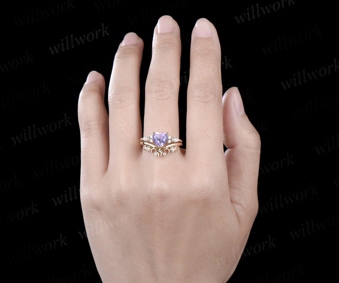 Heart shaped Lavender Amethyst engagement ring solid 14k yellow gold moon Celtic knot diamond Crystal wedding promise ring set women