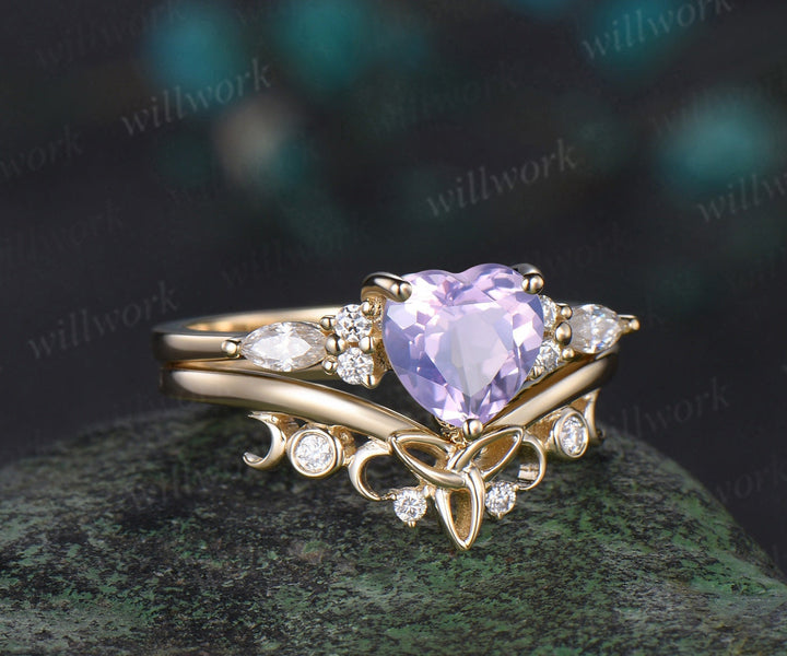 Heart shaped Lavender Amethyst engagement ring solid 14k yellow gold moon Celtic knot diamond Crystal wedding promise ring set women