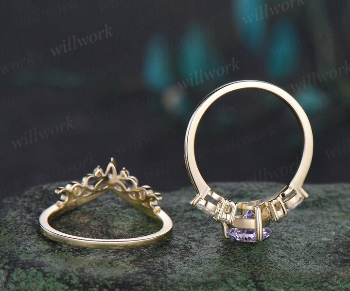 Heart shaped Lavender Amethyst engagement ring solid 14k yellow gold moon Celtic knot diamond Crystal wedding promise ring set women
