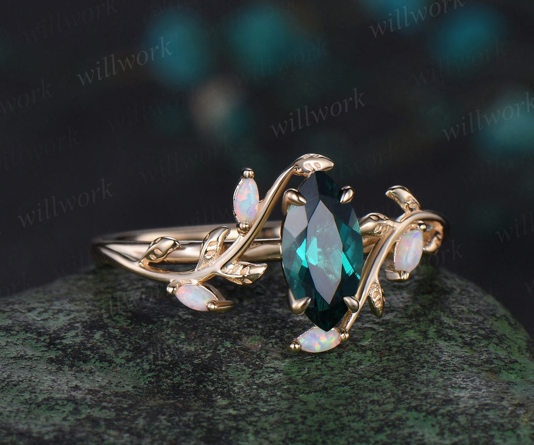 Vintage marquise cut green emerald engagement ring solid 14k yellow gold leaf nature inspired five stone anniversary wedding ring women