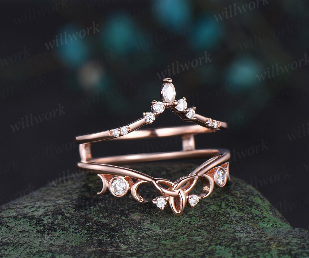 Double V curved diamond wedding band enhancer wraps solid 14k rose gold Celtic knot moissanite wedding ring band women anniversary gift