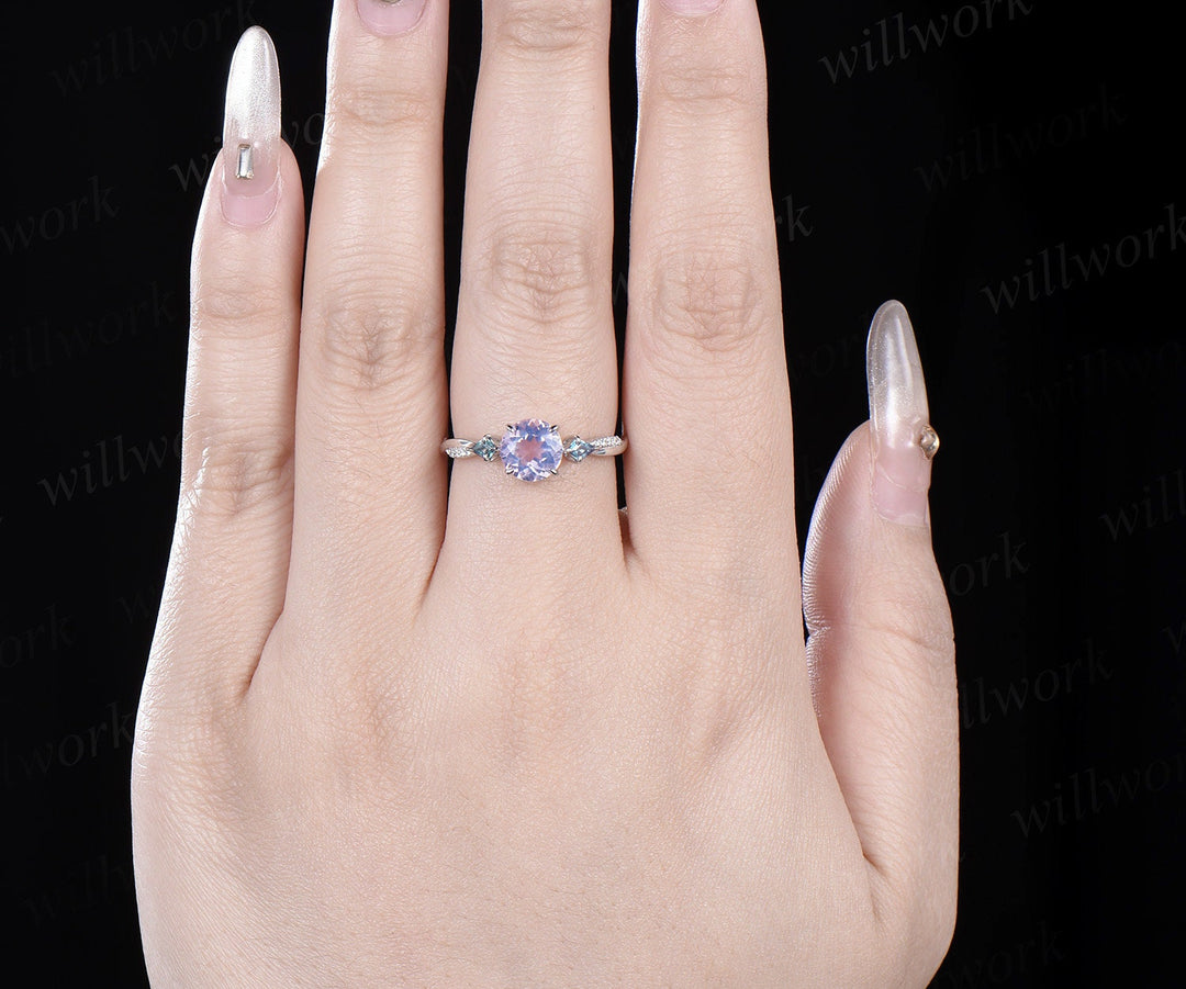 Round cut Lavender Amethyst engagement ring white gold kite alexandrite twisted diamond ring vintage wedding anniversary ring gift