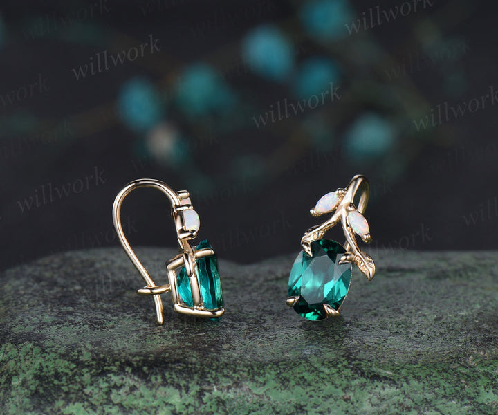 Oval cut green emerald earrings solid 14k yellow gold vintage leaf marquise opal drop earrings women anniversary gift jewelry