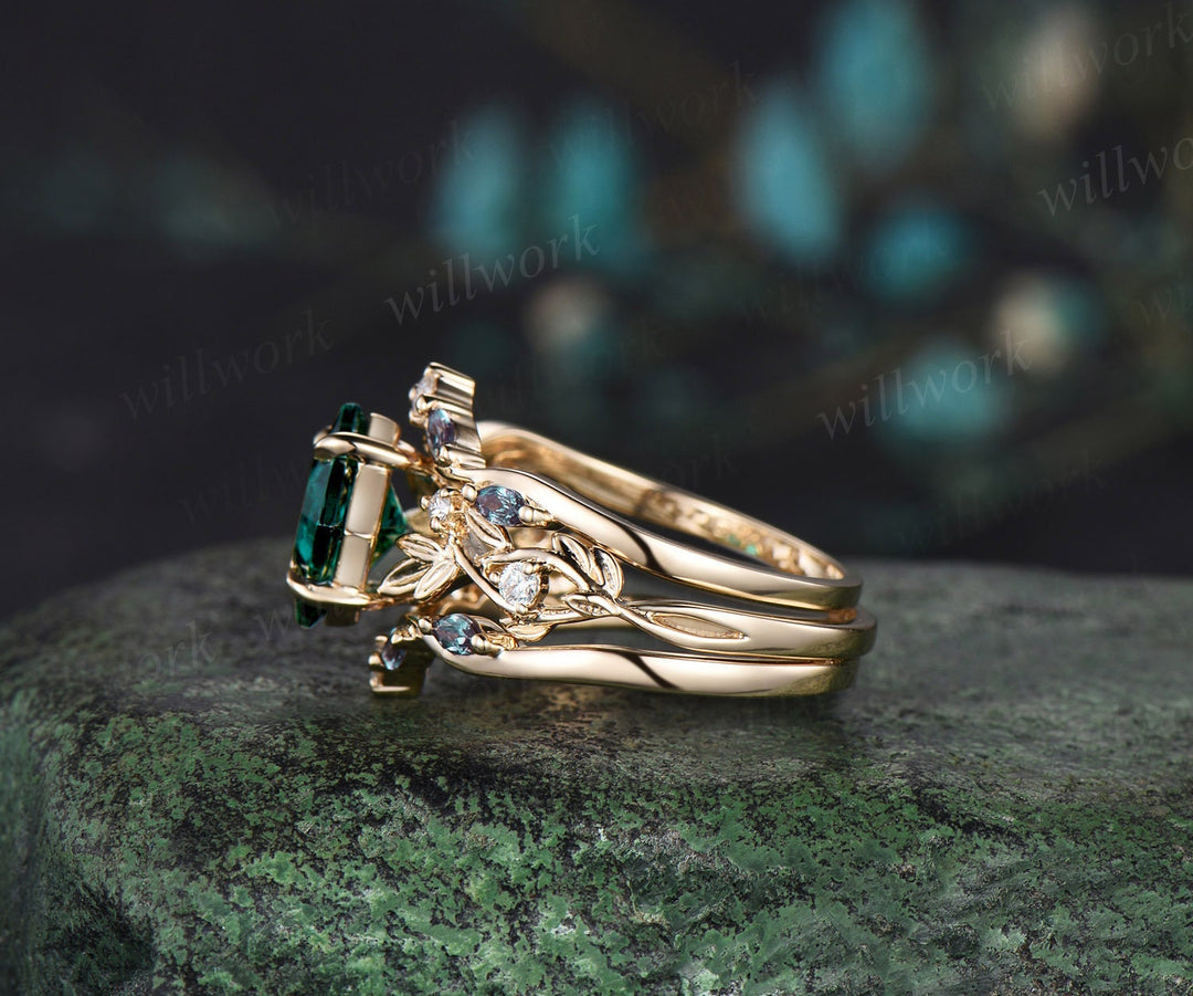 Princess cut green emerald engagement ring set 14k yellow gold five stone leaf branch Nature inspired alexandrite bridal ring set women gift