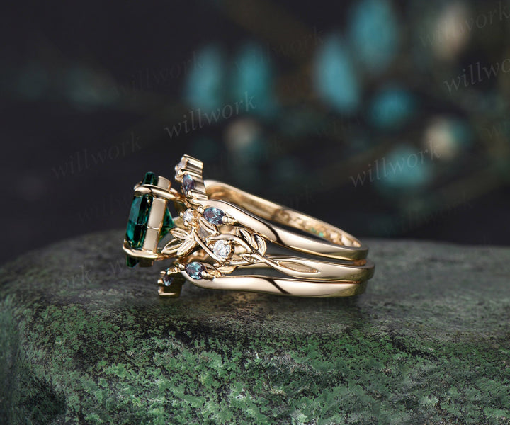 Princess cut green emerald engagement ring set 14k yellow gold five stone leaf branch Nature inspired alexandrite bridal ring set women gift