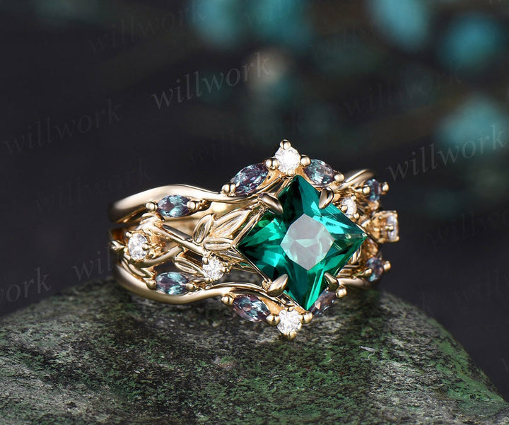 Princess cut green emerald engagement ring set 14k yellow gold five stone leaf branch Nature inspired alexandrite bridal ring set women gift