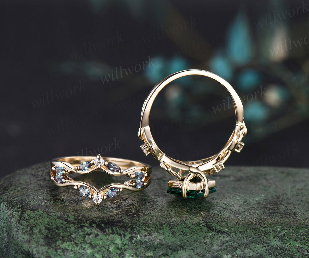 Princess cut green emerald engagement ring set 14k yellow gold five stone leaf branch Nature inspired alexandrite bridal ring set women gift