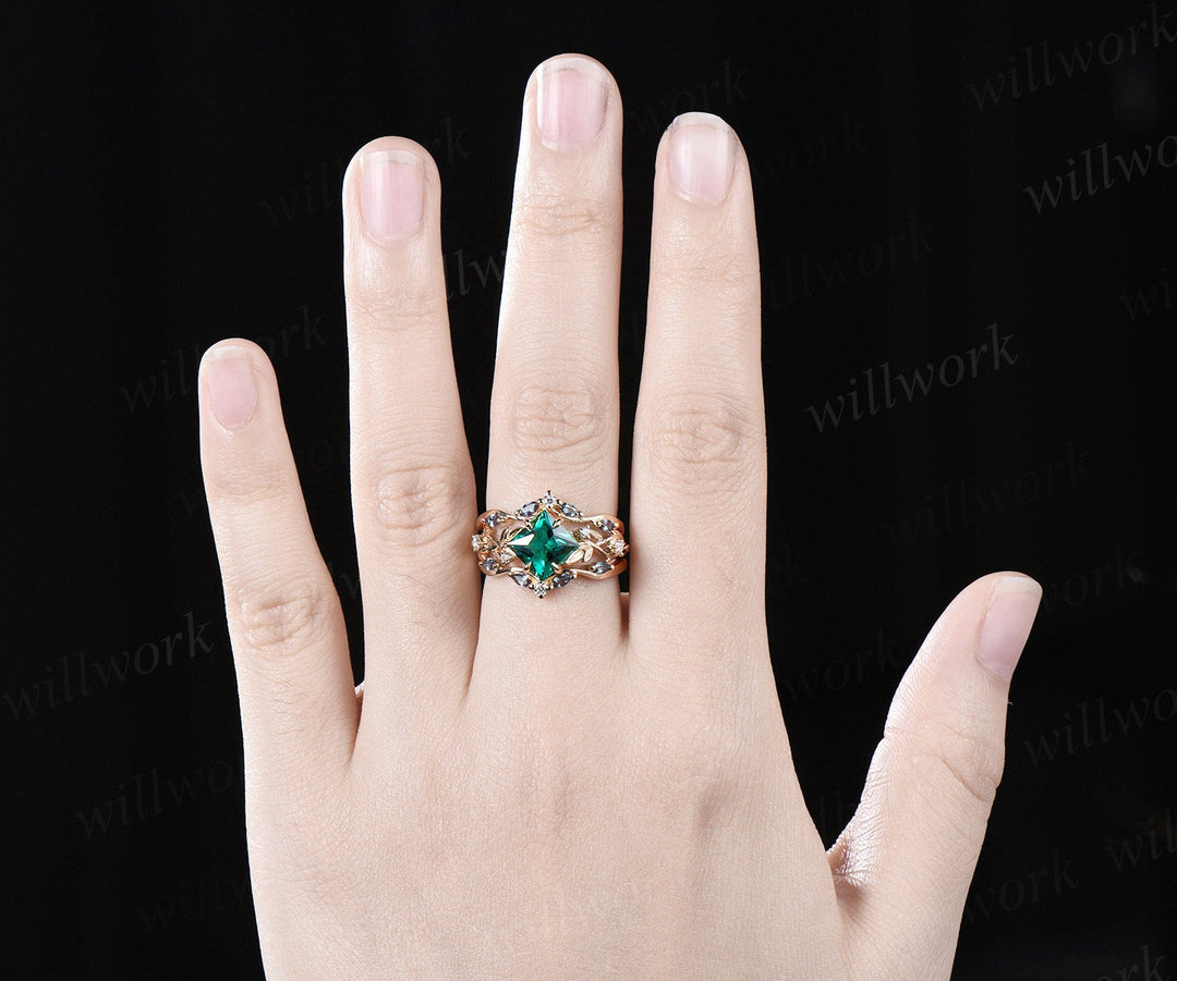 Princess cut green emerald engagement ring set 14k yellow gold five stone leaf branch Nature inspired alexandrite bridal ring set women gift