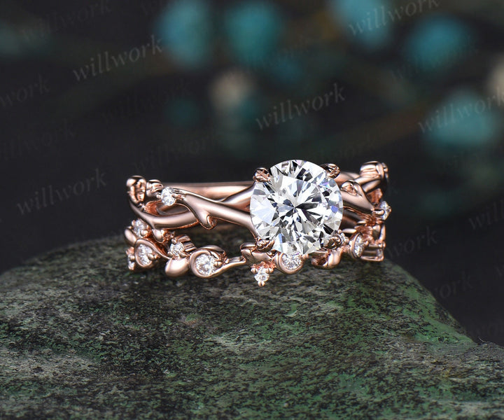 1ct round cut IGI Lab grown diamond engagement ring solid 14k 18k rose gold branch twig five stone vintage wedding promise ring set women