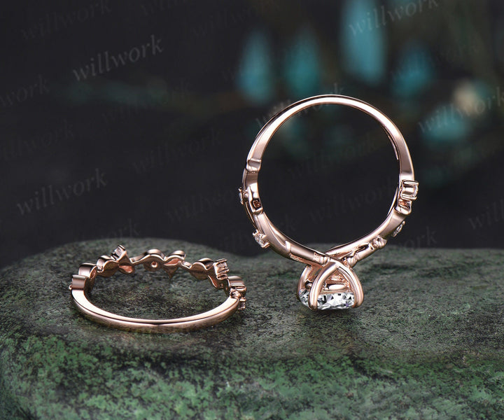 1ct round cut IGI Lab grown diamond engagement ring solid 14k 18k rose gold branch twig five stone vintage wedding promise ring set women