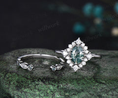 Oval cut moss agate engagement ring white gold halo princess diamond bridal ring set women alexandrite open gap wedding band