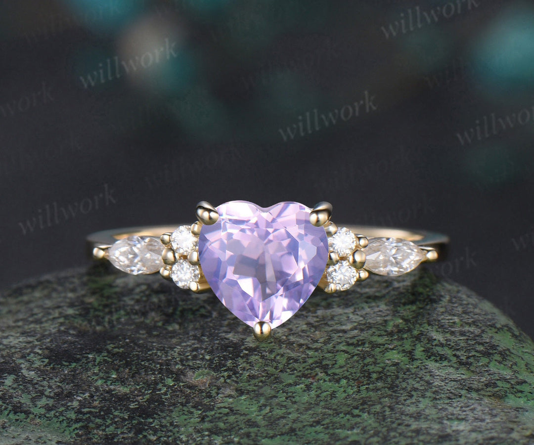 Heart shaped Lavender Amethyst engagement ring solid 14k yellow gold moon Celtic knot diamond Crystal wedding promise ring set women
