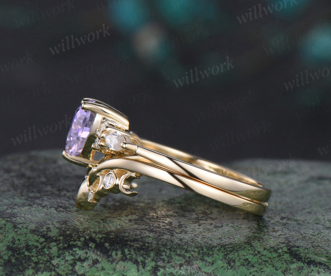 Heart shaped Lavender Amethyst engagement ring solid 14k yellow gold moon Celtic knot diamond Crystal wedding promise ring set women