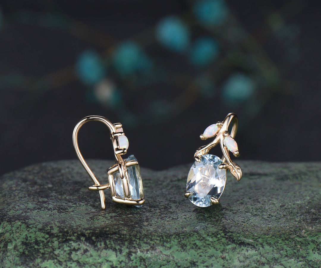 Oval cut aquamarine earrings solid 14k yellow gold vintage leaf marquise opal drop earrings women anniversary gift jewelry