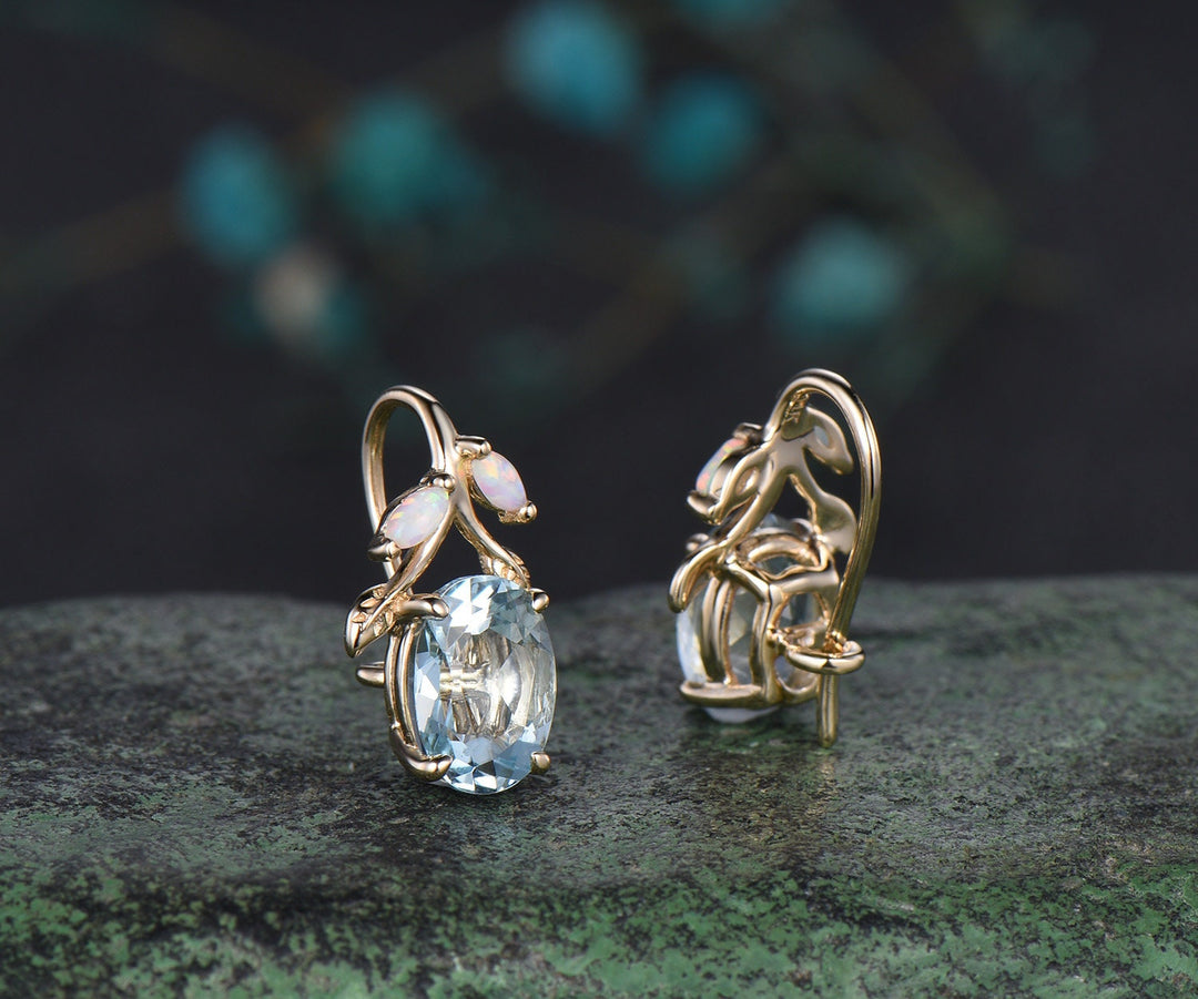 Oval cut aquamarine earrings solid 14k yellow gold vintage leaf marquise opal drop earrings women anniversary gift jewelry